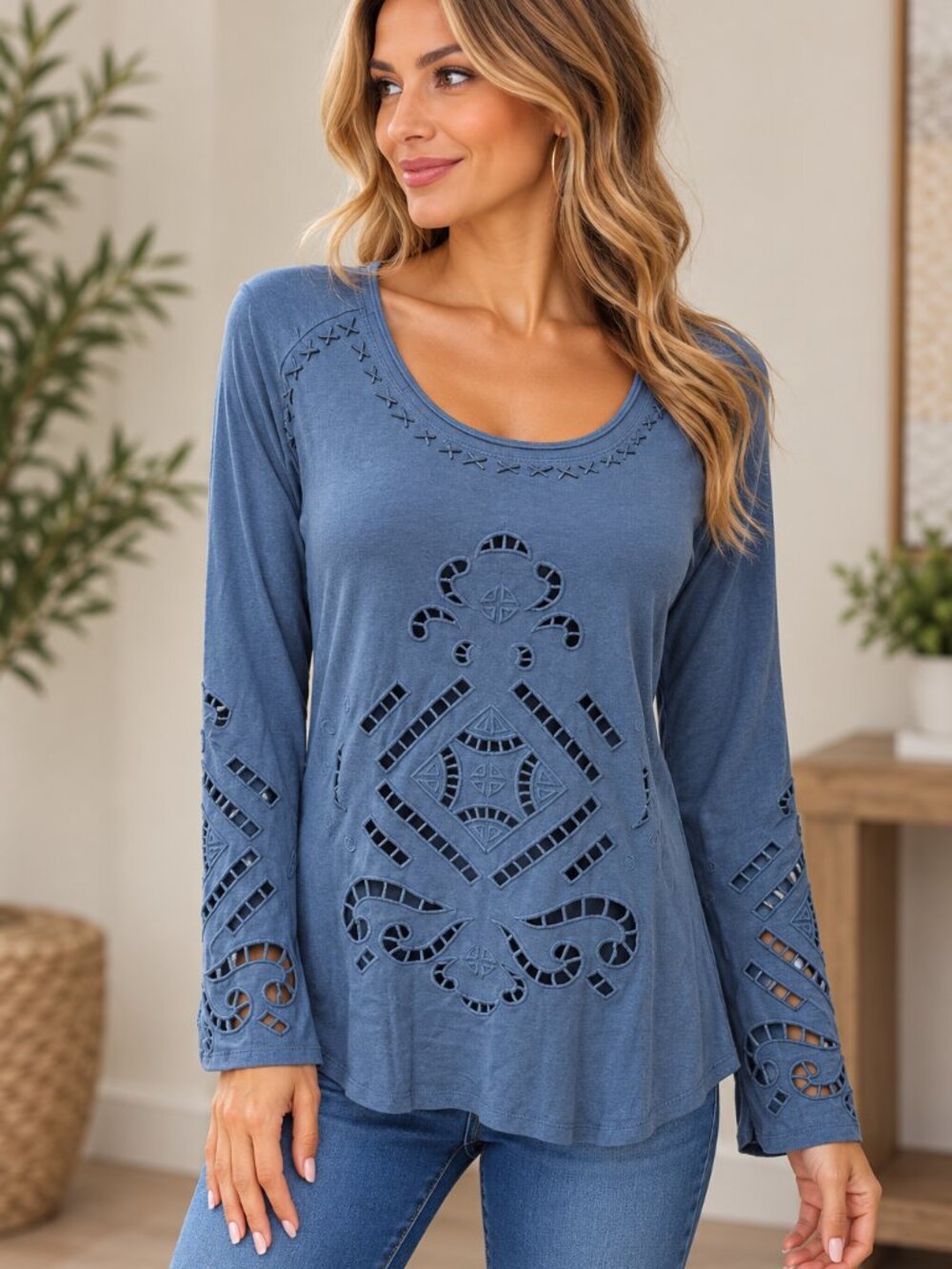 Monoreno L Slate Blue Embroidered Cutout Long Sleeve Boho Tunic Top Artsy - Picture 1 of 11